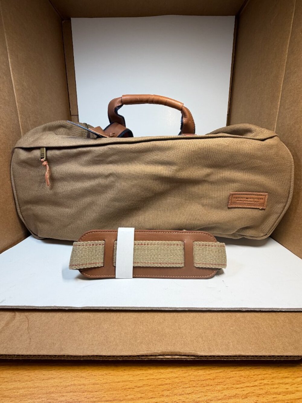 Vintage Tommy Hilfiger Workhorse  Duffel Luggage Bag Khaki Canvas w Leather